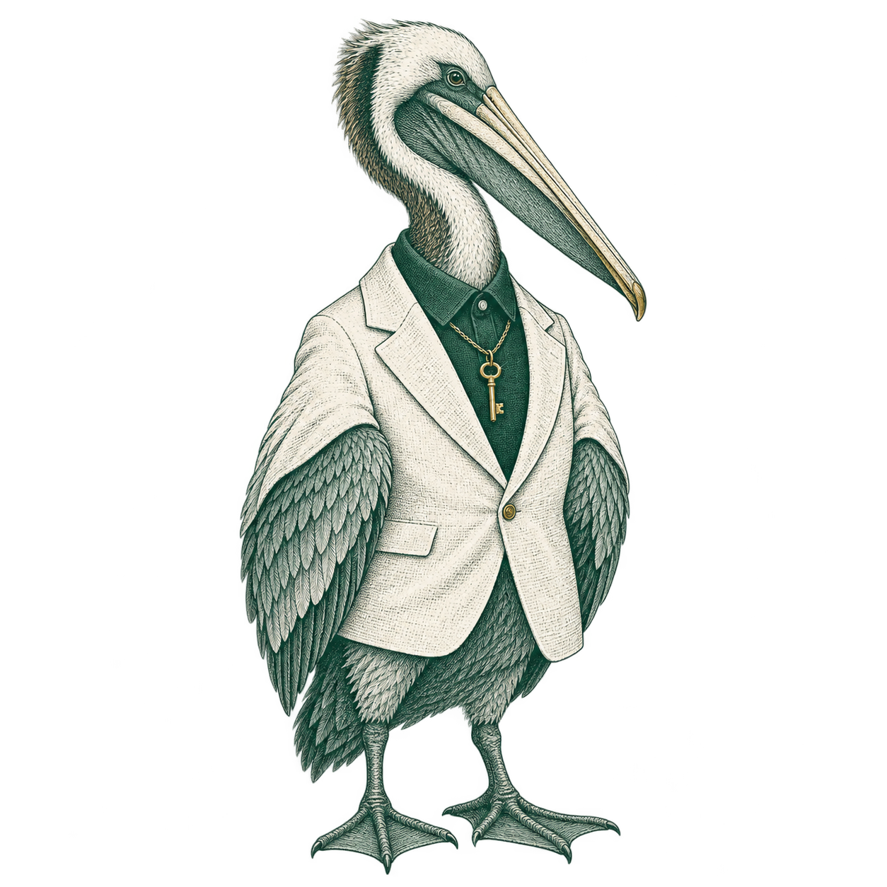 Pelican standing beside coastal reeds