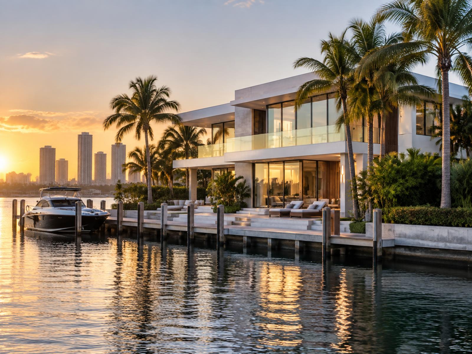 Modern South Florida waterfront home at sunset